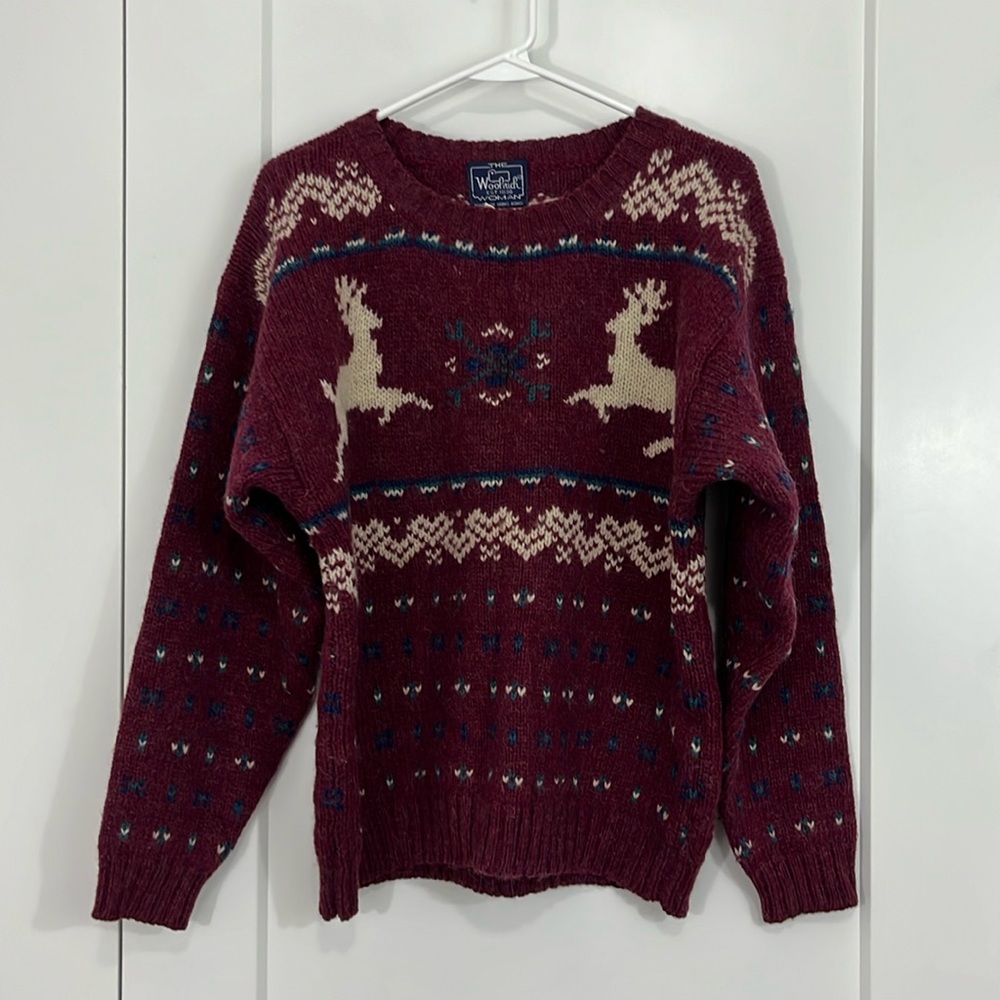 The Woolrich Vintage Large Wool Mohair Maroon Knit Reindeer Fair Isle Sweater - Picture 4 of 10